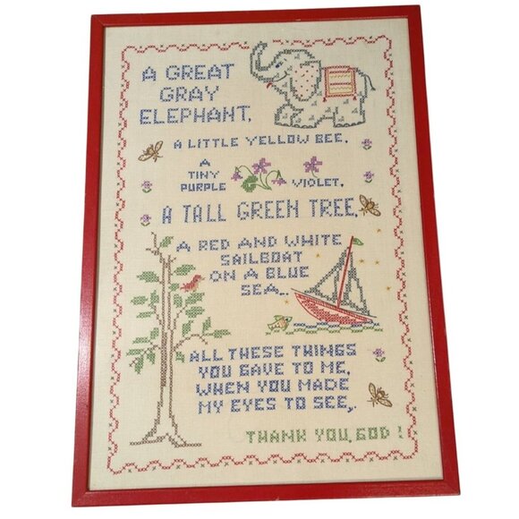 Needle point Wall art Nursery Elephant Sailboat bee Religious Poem Red Frame - Picture 1 of 16